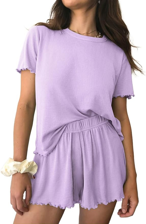 Ekouaer Womens Pajamas 2 Piece Ribbed Knit Pjs Short Sleeve Sleepwear Set Summer Soft Pajamas Set... | Amazon (US)