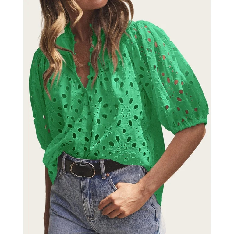 PRETTYGARDEN Women's Summer Tops Dressy Casual Short Lantern Sleeve V Neck Buttons Hollow Out Lac... | Walmart (US)