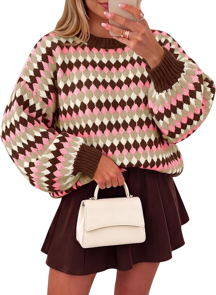 Saodimallsu Womens Color Block Striped Chunky Knit Sweater Crew Neck Tops | Amazon (US)