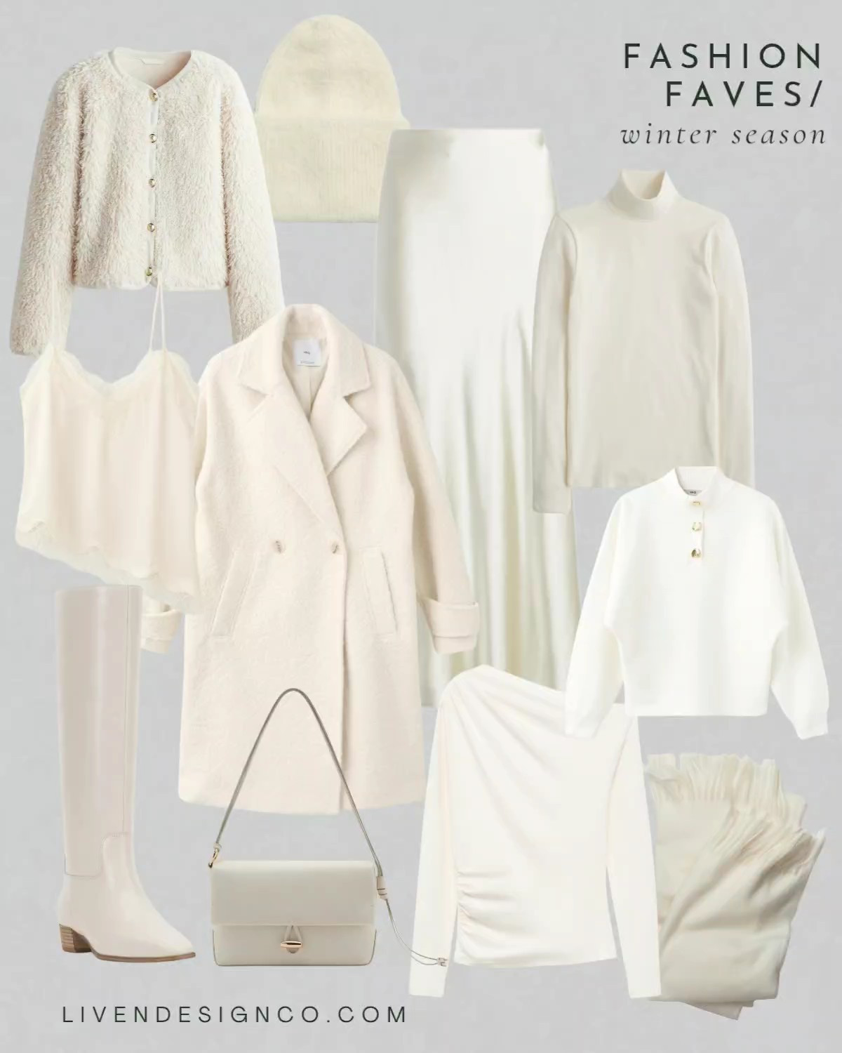 Winter white fashion. Style inspiration. Beanie. Winter coat. Off white coat. Boucle coat. Cream sweater. Satin silk midi skirt. Lace top. Cream white boots. Turtleneck. Asymmetrical top

#LTKSeasonal #LTKSaleAlert #LTKFindsUnder100