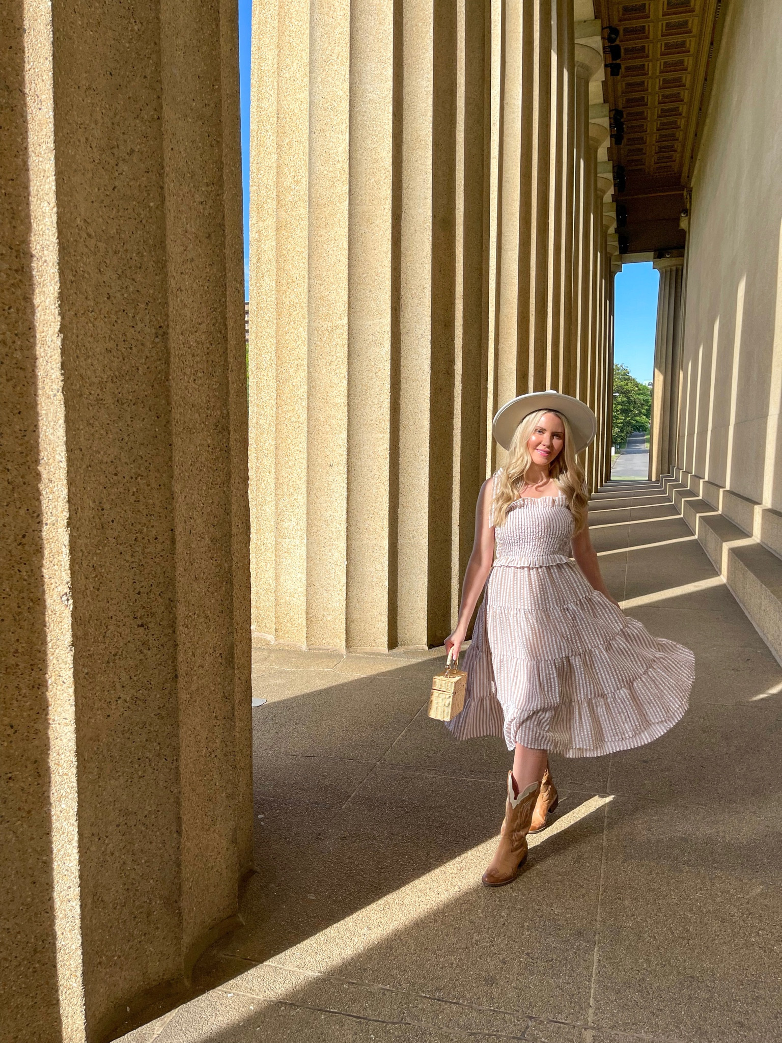 Striped midi dress, western boots, wide brim fedora, straw handbag, summer dress, Nashville outfit

#LTKunder50 #LTKSeasonal #LTKstyletip