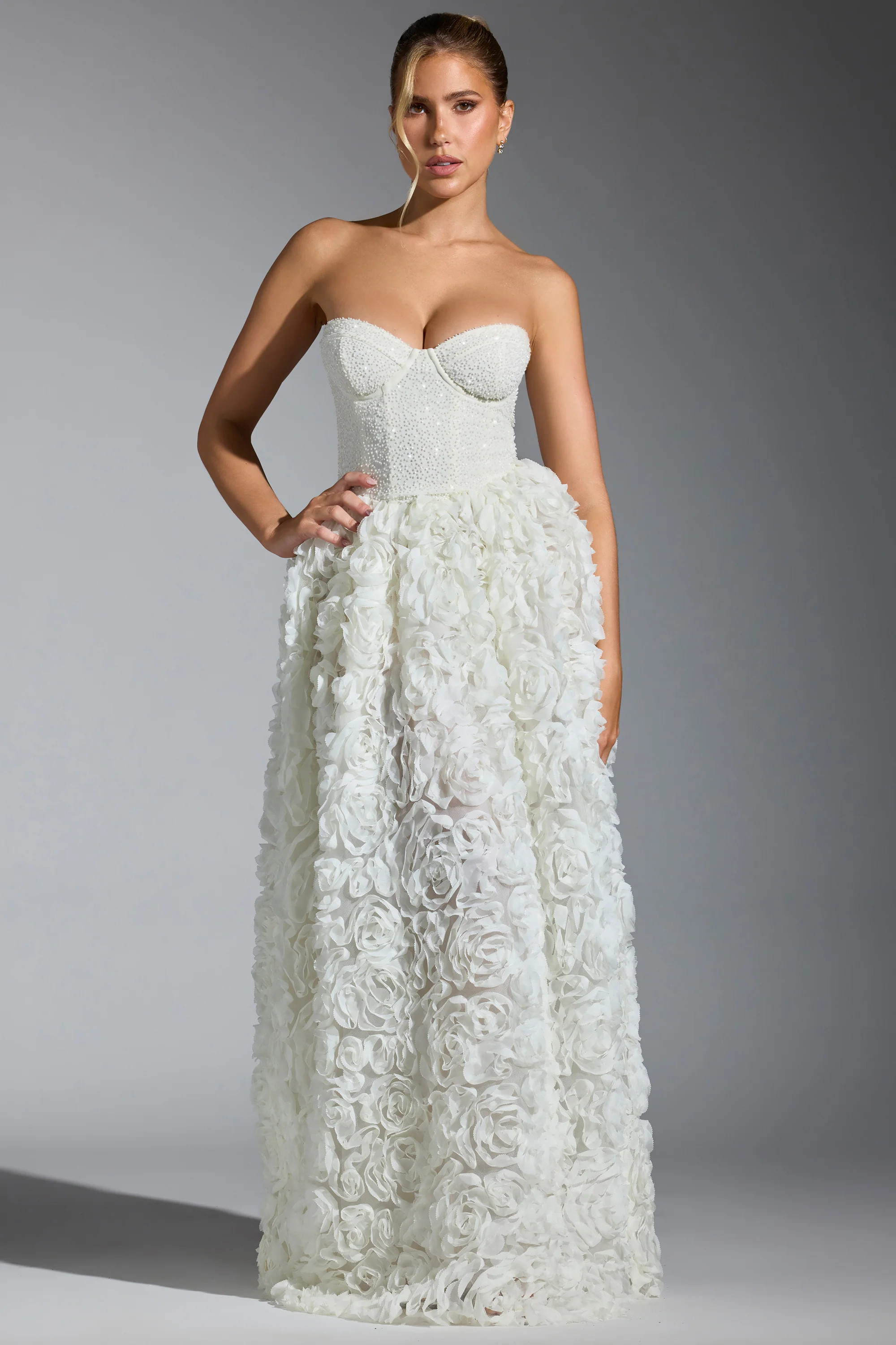Embellished Floral-Appliqué Corset Gown in White | Oh Polly