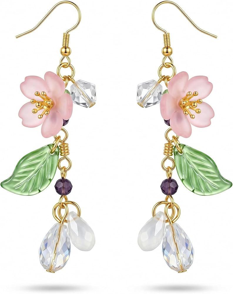 Kruckel Cherry Blossom Dangle Earrings for Women, Pink Sakura Flower Earrings with Green Leaf and... | Amazon (US)