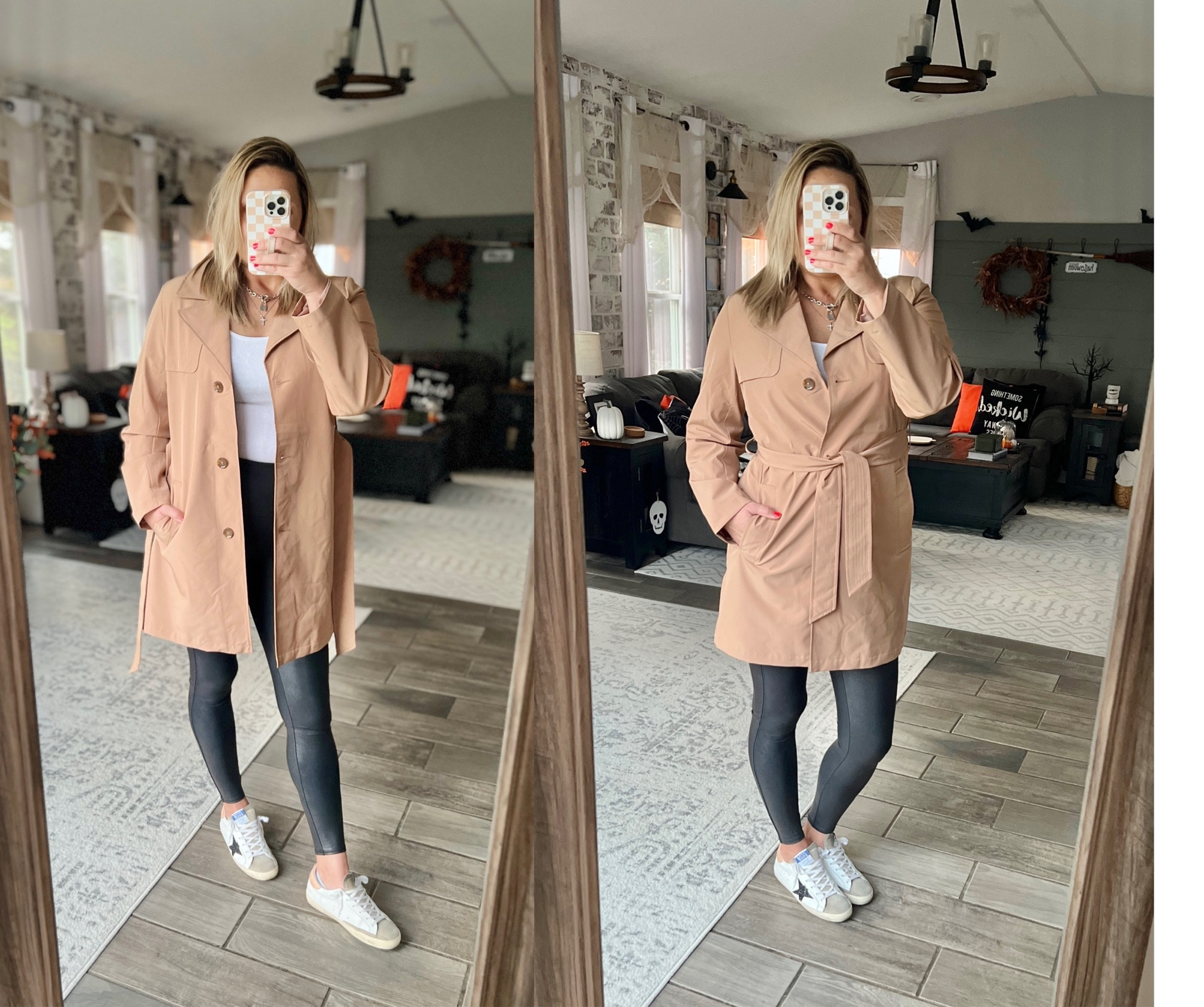 Can’t say enough good things about this trench coat from Walmart!!! It fits TTS. I’m wearing my usual size medium. 
Coat - medium
Tee - medium
Spanx Leggings - run small per website so I’m wearing a size large
Shoes - run TTS

Fall Outfits, Fall Shoes, Family Pictures, Faux leather leggings 

#LTKfindsunder50 #LTKstyletip #LTKSeasonal