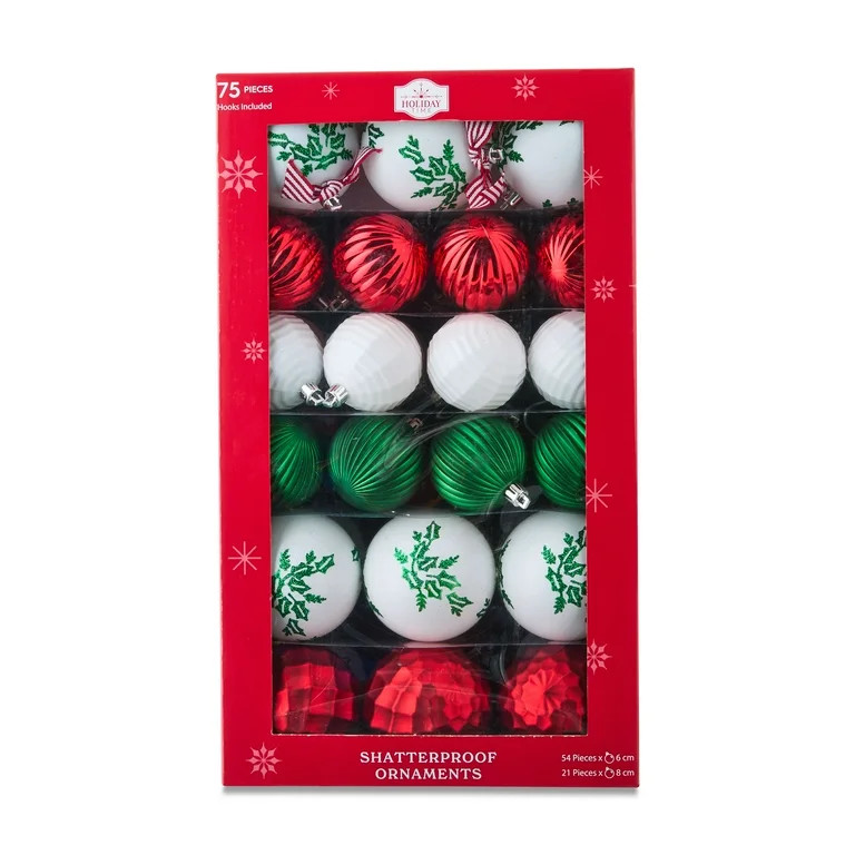 Red & White Shatterproof Christmas Ball Ornaments, 9.5 in, 75 Count, by Holiday Time | Walmart (US)