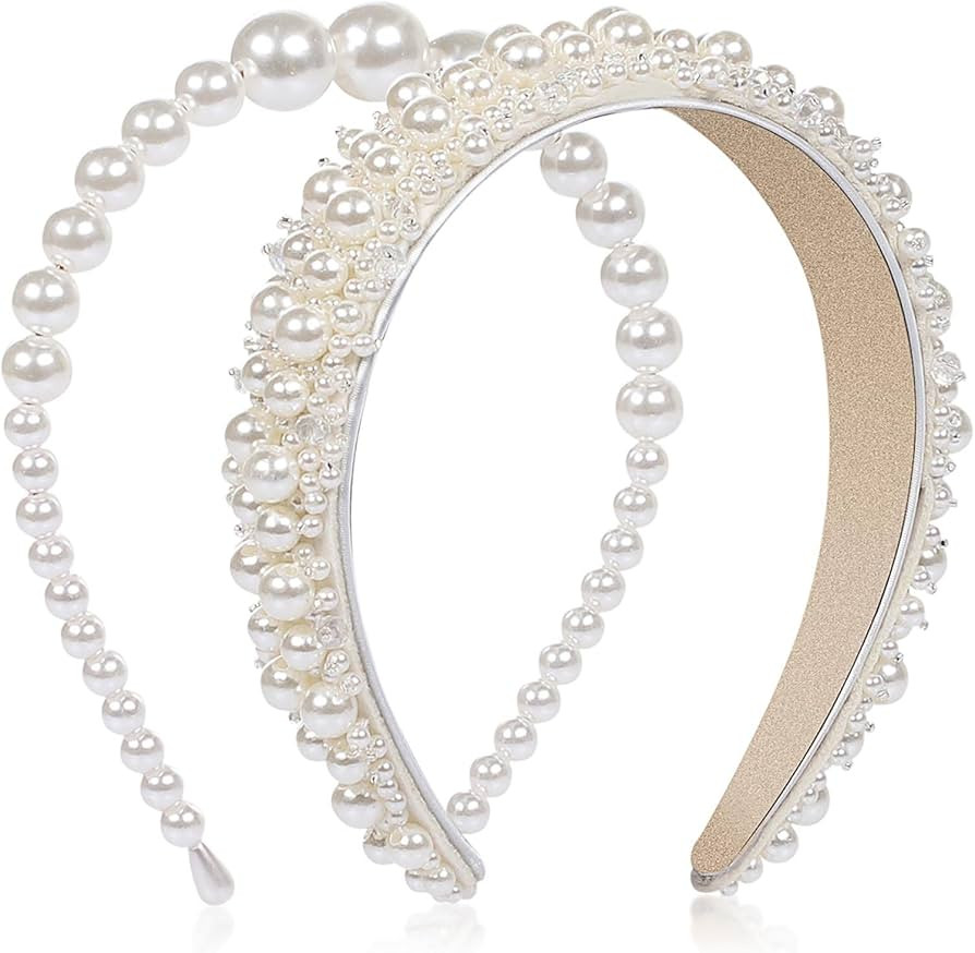 WantGor Pearl Headbands for Women, 2PCS Faux Pearl Hairbands Bridal White Headband Wedding Hair H... | Amazon (US)