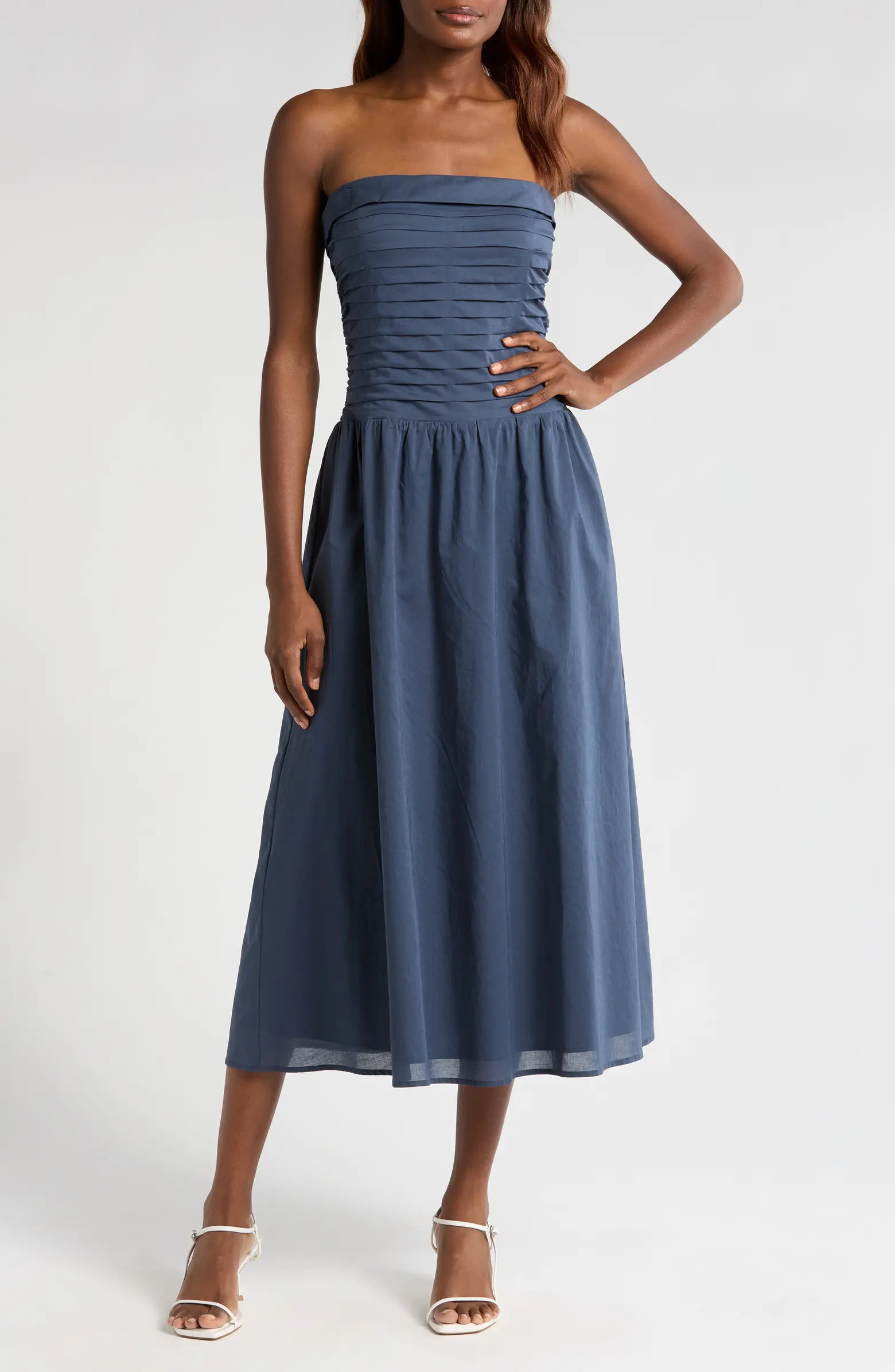 Olivia Pleated Bodice Convertible Strapless Cotton Midi Dress | Nordstrom