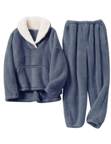 Rousytn Women's Fluffy Fuzzy Pajamas Set Winter Warm Loose Plush Fleece PJS Lounge Pullover Pants Sets Cozy Sleepwear(Navy-XL) | Amazon (US)