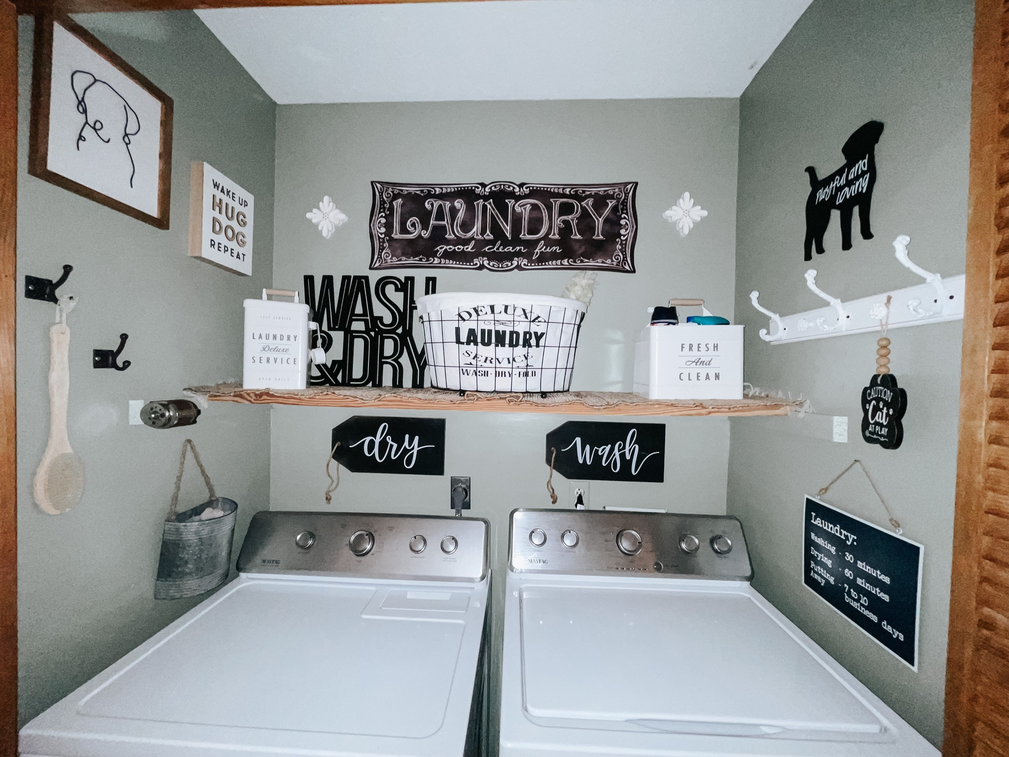 JUST PAUSE ONE MOMENT. I honestly don’t know what I’m doing half the time, but somehow I pulled this off. Before the walls were stained yellow and there was nothing else in there but the washer/dryer…. But nowwwww it actually makes me excited to do laundry FOR ONCE. A gallon of paint & a trip to Hobby Lobby! I can’t link all these items on here, but literally EVERY single decor item is from Hobby Lobby. The paint is “BEHR Simply Sage Semi-Gloss”. I got a gallon which I didn’t even use half of. I linked the paint and brushes and stuff.