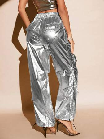 SHEIN BAE Metallic Flap Pocket Pants | SHEIN