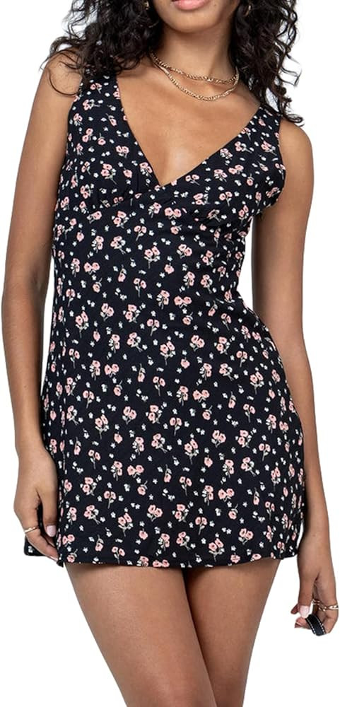 Women Floral Printing Sleeveless Mini Dress Off Shoulder Deep V Neck Slim Spaghetti Strap Bodycon... | Amazon (US)