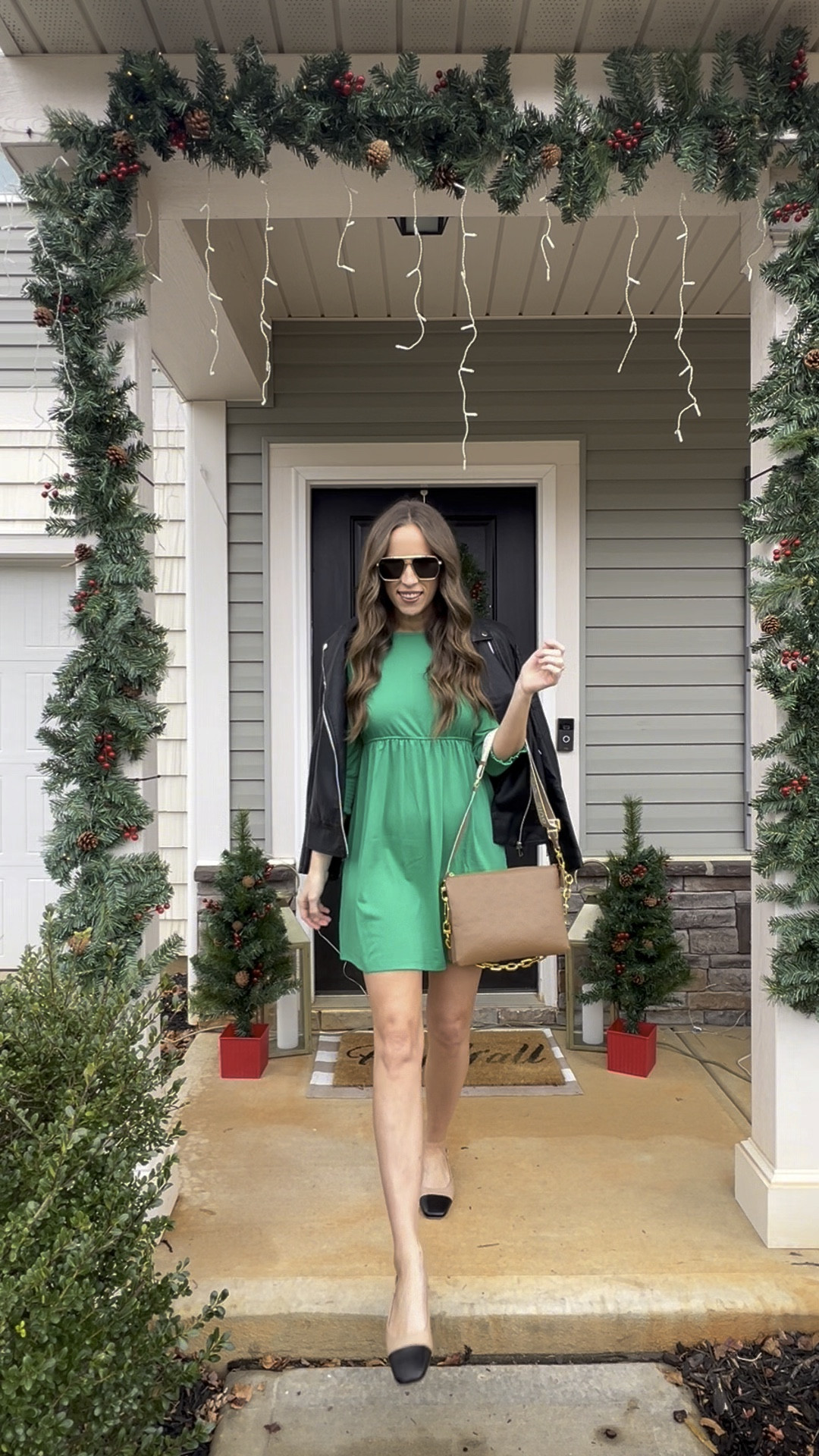 Edgy 🤝 festive 

This little green dress is perfect for all seasons - dress it up or down 
Size small 

Green dress, leather jacket, tan crossbody bag, ballet flats, women’s shoes, knee high boots, casual sneakers, sunglasses , holiday look, Christmas outfit, gift for her 

#LTKGiftGuide #LTKHoliday

#LTKStyleTip