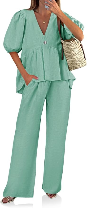 Tankaneo Womens 2 Piece Linen Sets V Neck Puff Sleeve Matching Set | Amazon (US)