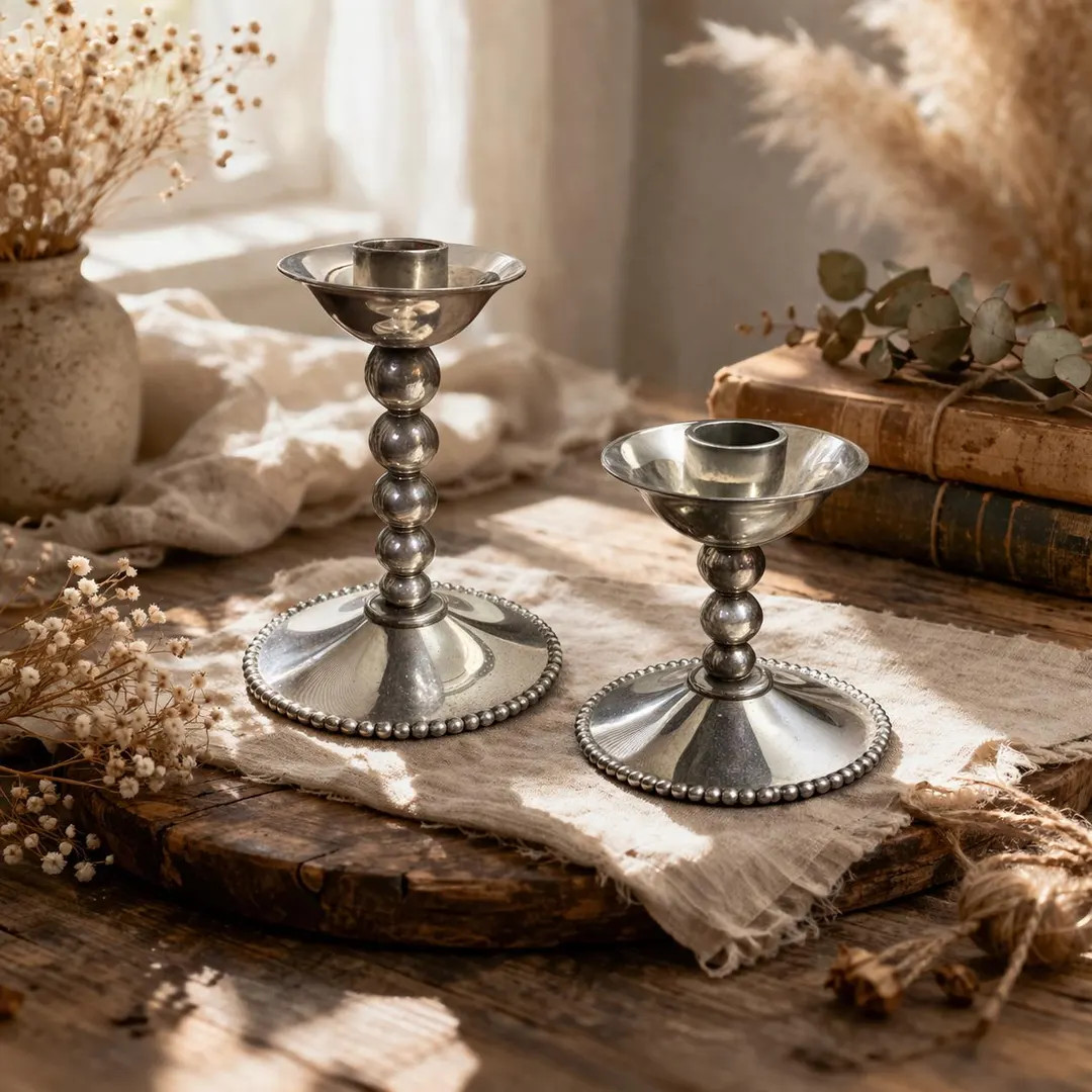 Vintage Silver Candlestick Holders – Beaded Base Taper Candle Holders – Romantic Decor | Etsy (US)