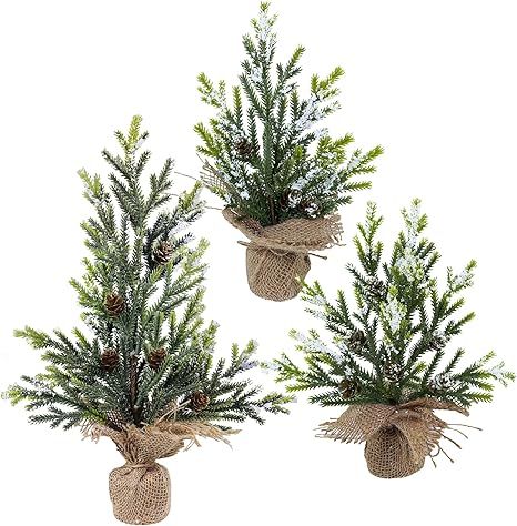 Winlyn 3 Pcs Mini Snowy Artificial Pine Tree with Burlap Base Small Tabletop Christmas Trees with... | Amazon (US)
