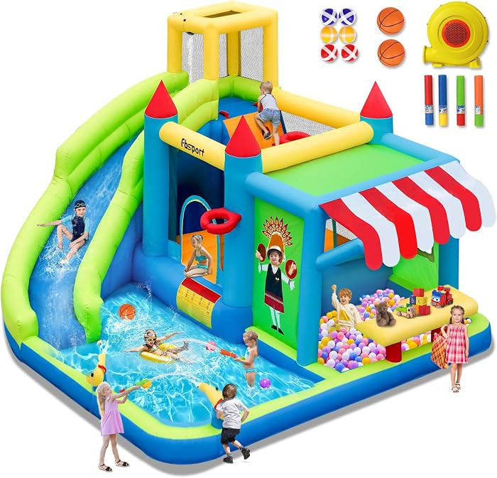 FBSPORT Inflatable Bounce House Water Slide, Bounce House for Kids with Toy Market Stand Splash P... | Amazon (US)