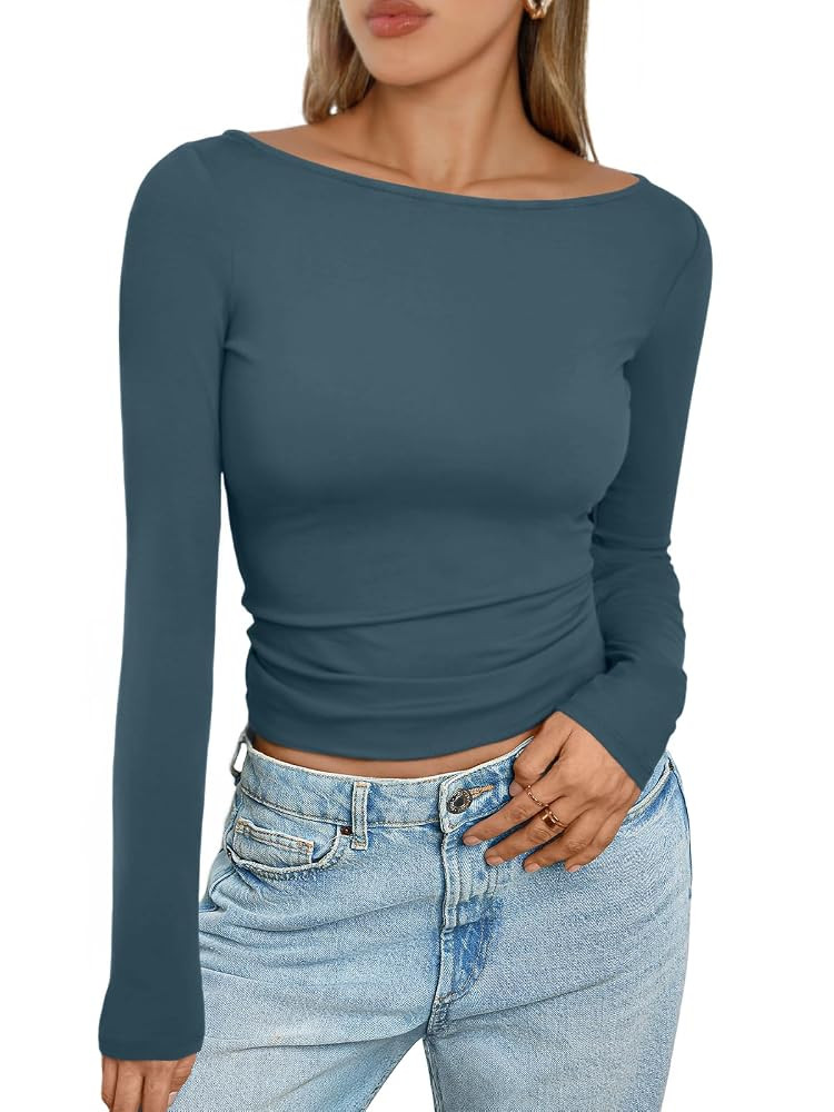 Trendy Queen Women's Boat Neck Tops Long Sleeve Shirts Casual Fitted Tee Shirts Solid Color Fall ... | Amazon (US)