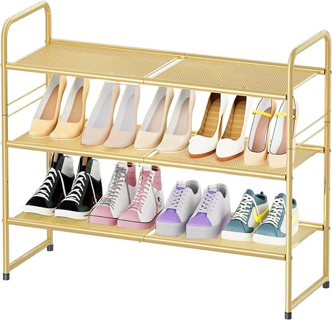 SUFAUY Shoes Rack Shelf for Closet Stackable Shoe Storage Organizer, Metal Mesh, 3-Tier, Gold | Amazon (US)