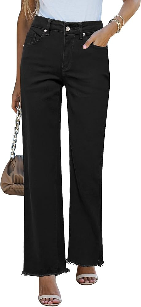 GRAPENT Straight Leg Jeans for Women High Waisted Stretchy Frayed Raw Hem Loose Denim Pants Casua... | Amazon (US)