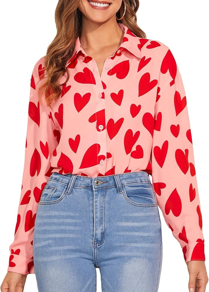 WDIRARA Women's Heart Print Long Sleeve Button Down Blouse Casual Collared Shirts Top | Amazon (US)