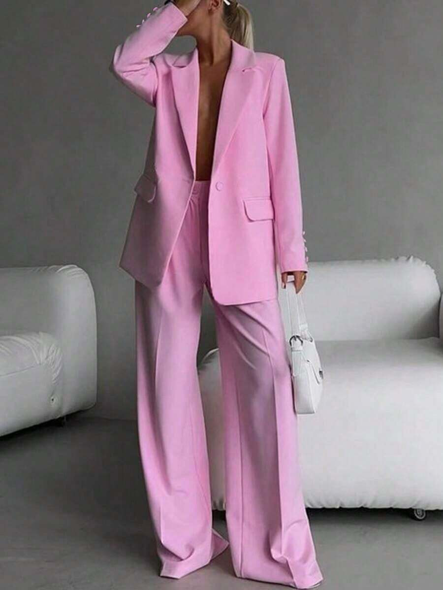 Elegant Business Casual Two-Piece Suit, Single Button Lapel Suit Jacket And Slim Fit Pants, Women... | SHEIN