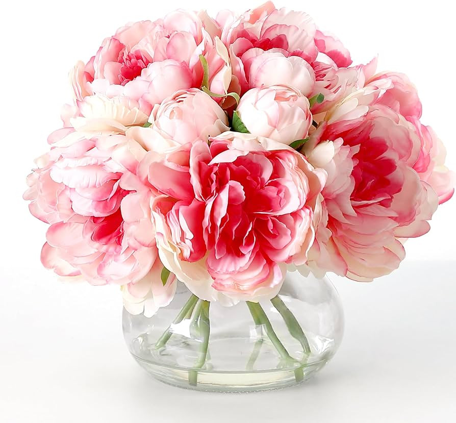 homfan Pink Peonies Artificial Flowers in Vase, Silk Faux Peony Fake Flower Arrangements with Gla... | Amazon (US)