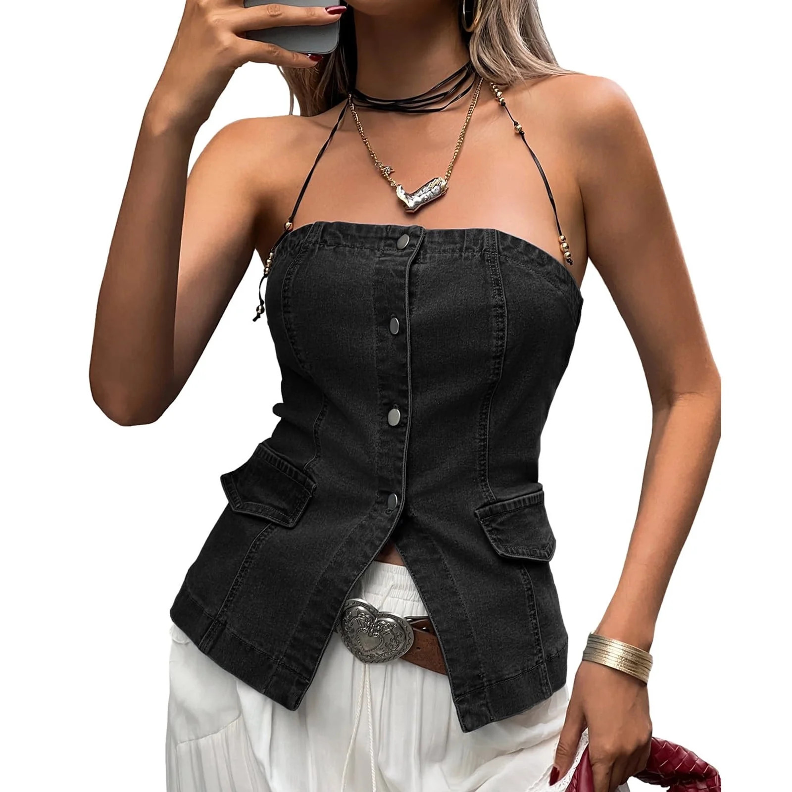 Summer Slim Fit Strapless Wwomen Cold Shoulder Skinny Denim Tank Tops - Walmart.com | Walmart (US)