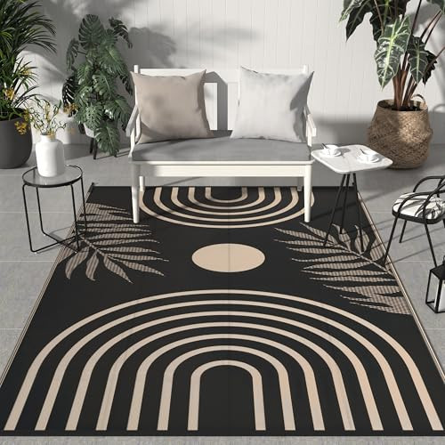 GENIMO Outdoor Rug 9' x 12' Waterproof for Patio Clearance, Reversible Lightweight Plastic Straw Camping Carpet, Large Area Rugs Mats for Rv, Backyard, Deck, Porch, Picnic, Balcony, Mix-Black & Beige | Amazon (US)