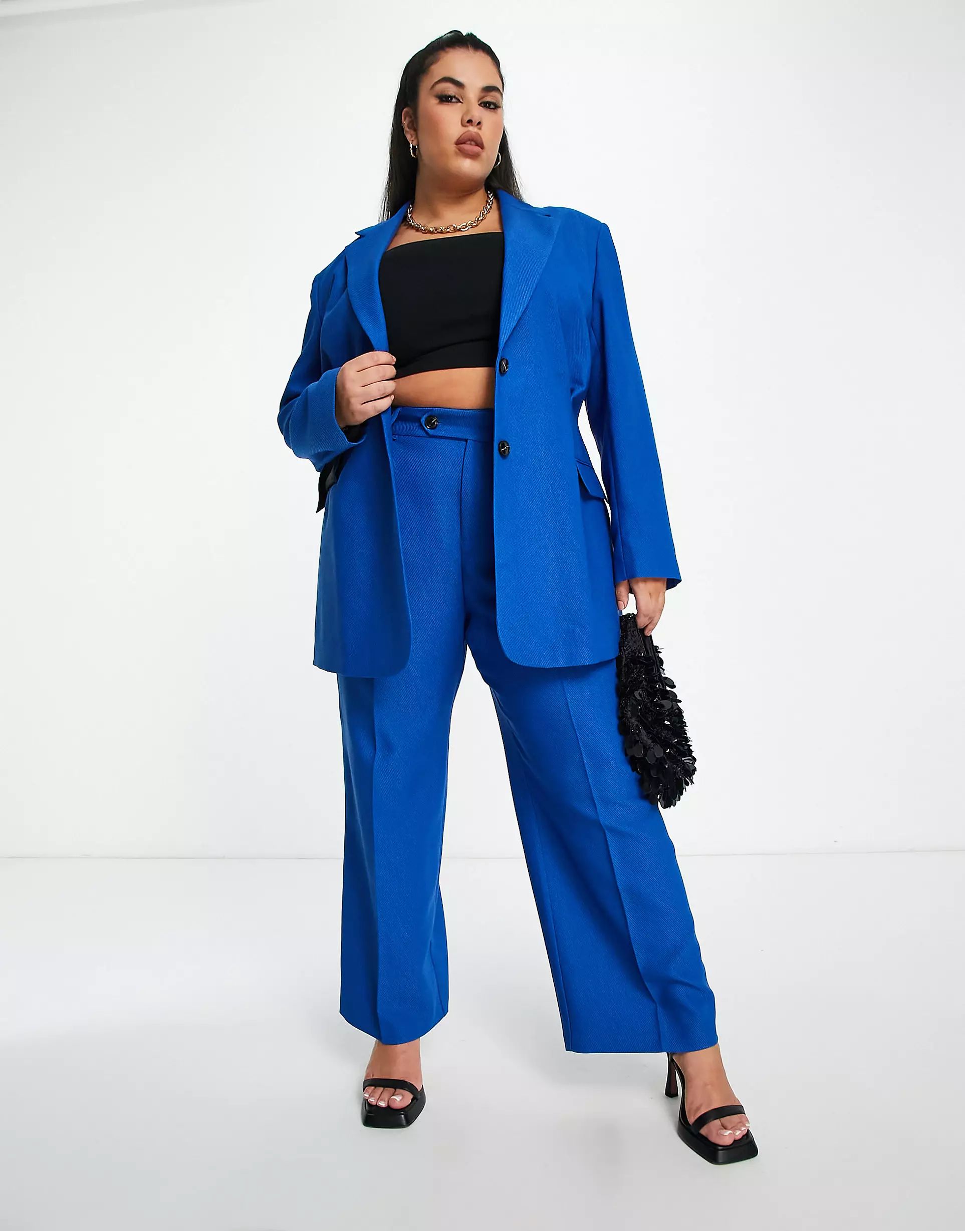ASOS DESIGN Curve nipped waist suit blazer in blue | ASOS (Global)
