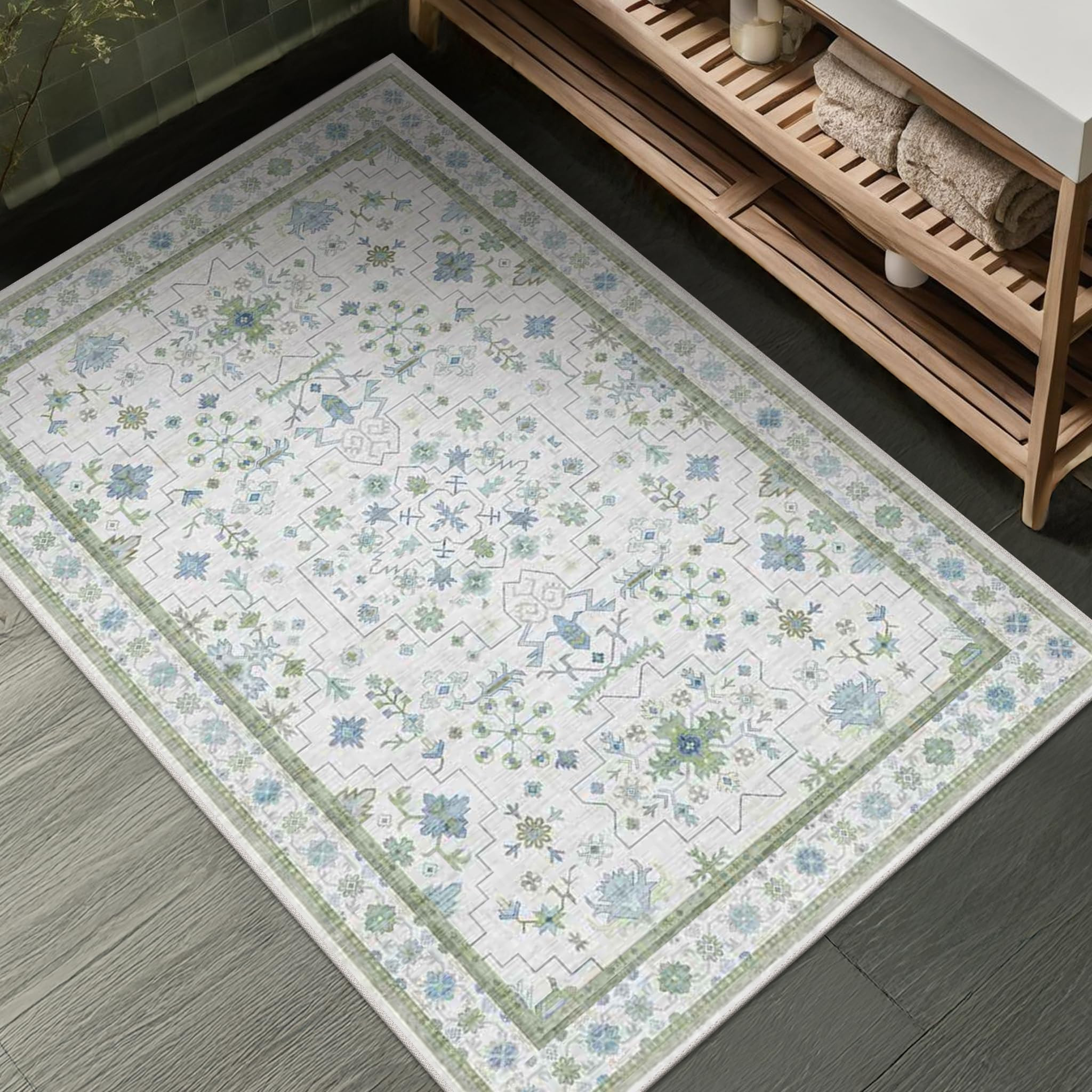 Washable Boho Bathroom Rug 2x3 - Small Throw Area Rugs for Powder Room, Laundry, Kitchen, Blue an... | Amazon (US)