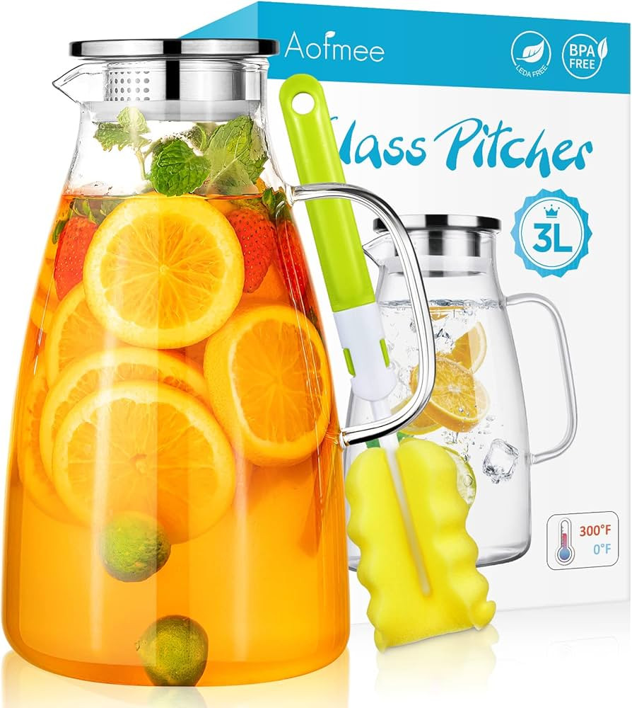 Water Pitcher, 100 Oz Glass Pitcher, Pitcher with Lid, Iced Tea Pitcher with 304 Stainless Steel ... | Amazon (US)