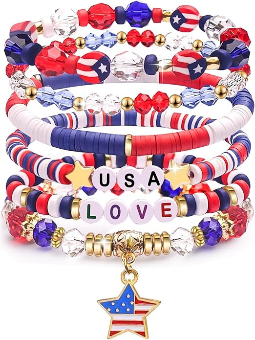 Independence Day Gifts for Women Men Teens Red White Blue Clay Beaded Stackable Stretch Bracelets... | Amazon (US)