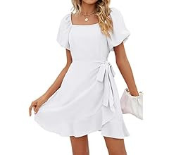 SAMPEEL Womens Summer Tie Waist Dresses Square Neck Puff Sleeve Casual Dress | Amazon (US)
