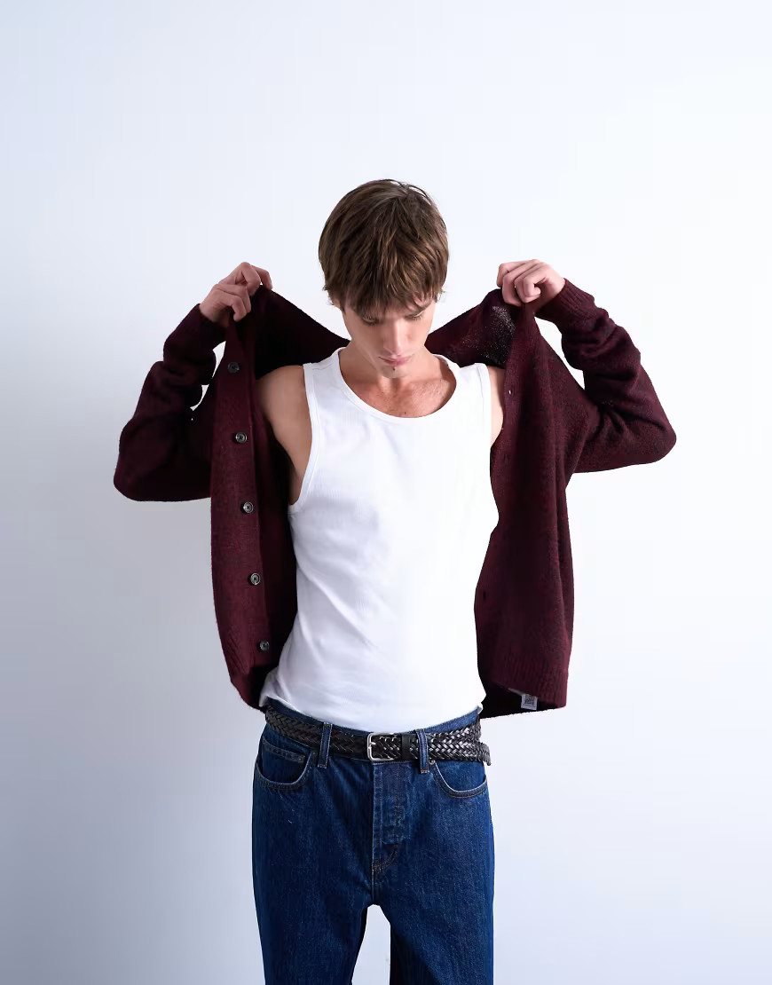 Topman oversized v neck cardigan in burgundy-Red | ASOS (Global)