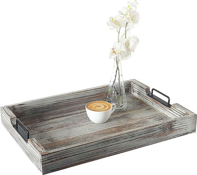 Distressed Torched Wood 20-Inch Serving Tray with Modern Black Metal Handles | Amazon (US)