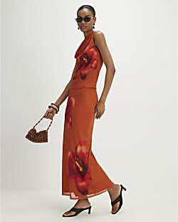 Orange Mesh Floral Print Maxi Skirt | River Island UK & IE