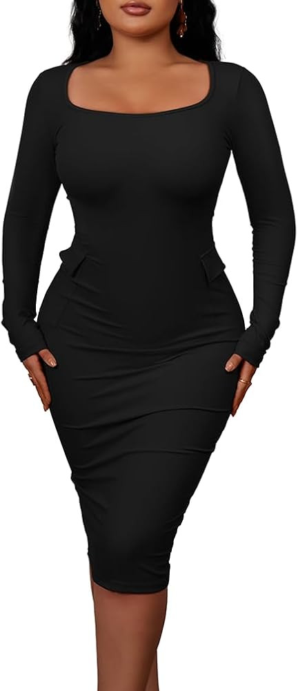 HYZ Women's Long Sleeve Back Slit Bodycon Cocktail Party Midi Dress with Pockets | Amazon (US)