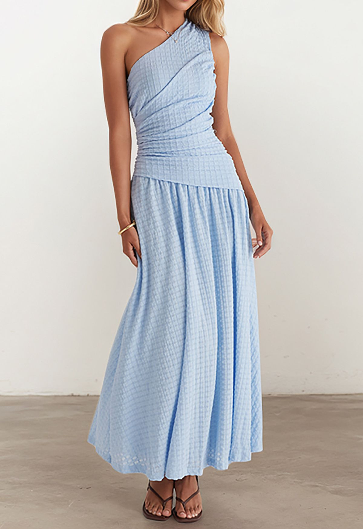 One-Shoulder Embossed Openwork Ruched Maxi Dress for Bridal Events & Music Festivals | Chicwish