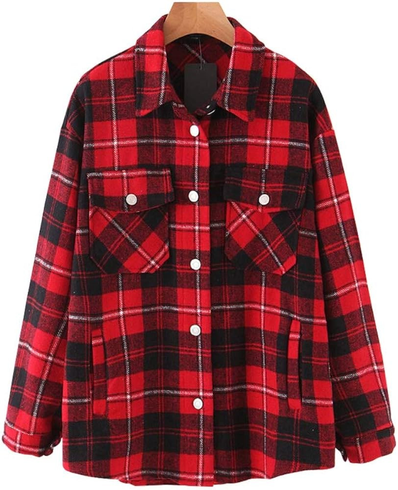 Womens Casual Wool Blend Plaid Lapel Button Down Long Sleeve Shacket Jacket Coat Winter Loose Ove... | Amazon (US)