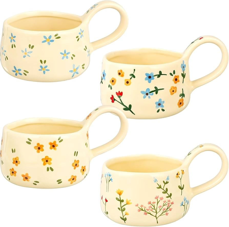 Ceramic Coffee Mug Set of 4 Cute Hand Kneaded Irregular Stackable Coffee Mugs with Floral Pattern... | Amazon (US)