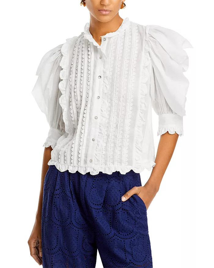 Linen Ruffled Puff Sleeve Blouse | Bloomingdale's (US)