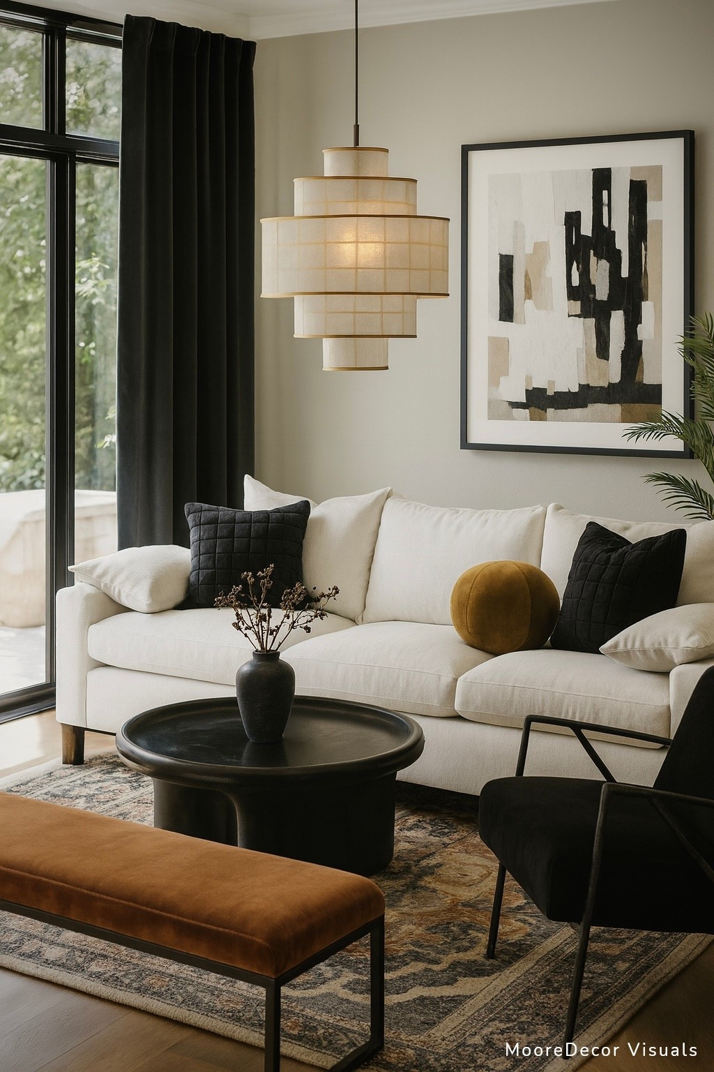 Still not over how this neutral modern living room came together. The earthy tones, velvet bench, and black accent chair add just the right mix of warmth and edge. That abstract wall art and statement pendant light, instant mood.

I’m all about creating cozy, elevated spaces that feel lived-in but still give designer vibes and this one checks all the boxes. Save this if you’re into modern home decor with a little depth.

Everything’s linked on my LTK or just shoot me a DM if you need help pulling this look into your own space!

#cb2

#LTKStyleTip #LTKHome