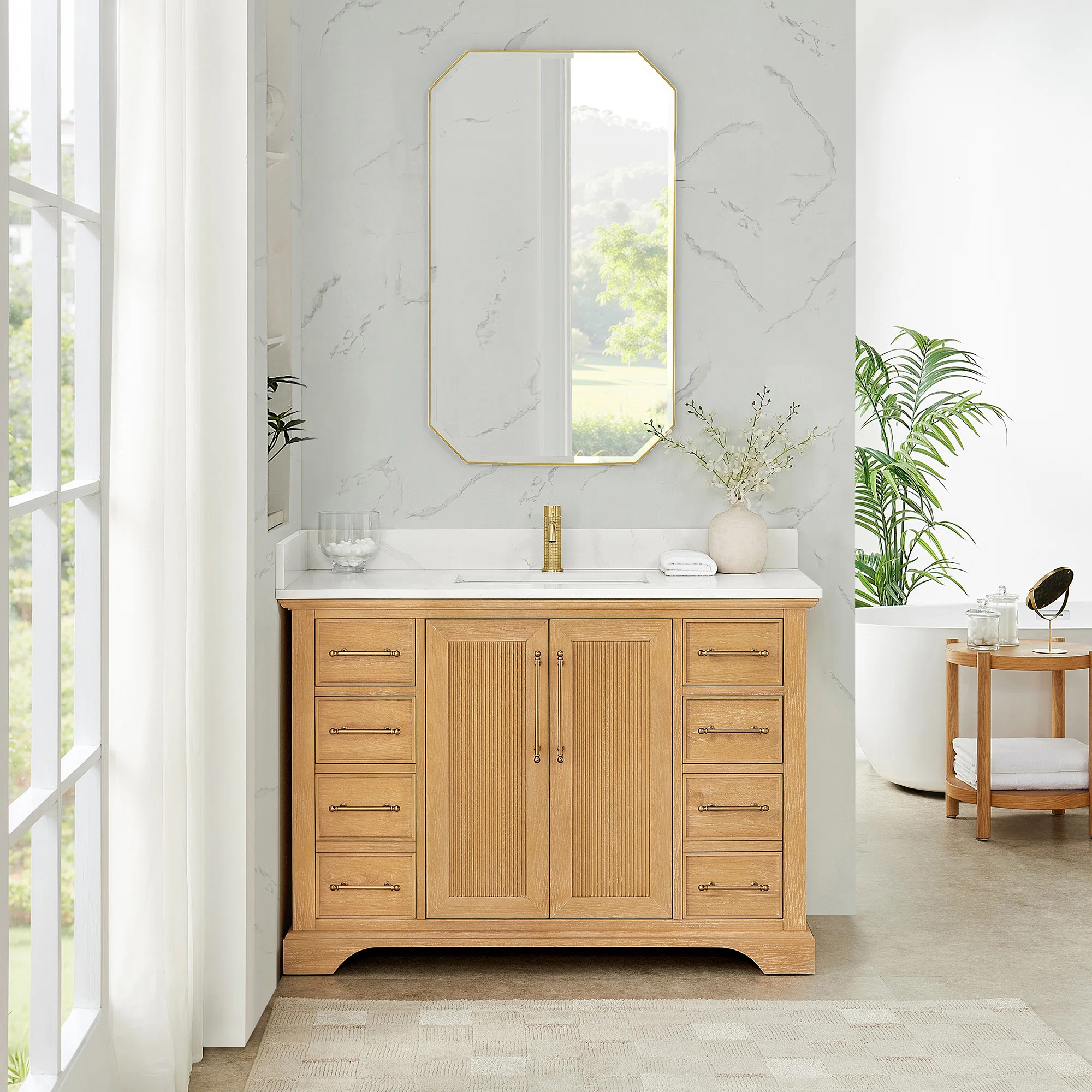 Epworth 48" Single Bath Vanity in Oak Natural Brown with Silk White Quartz Stone Top | Wayfair North America