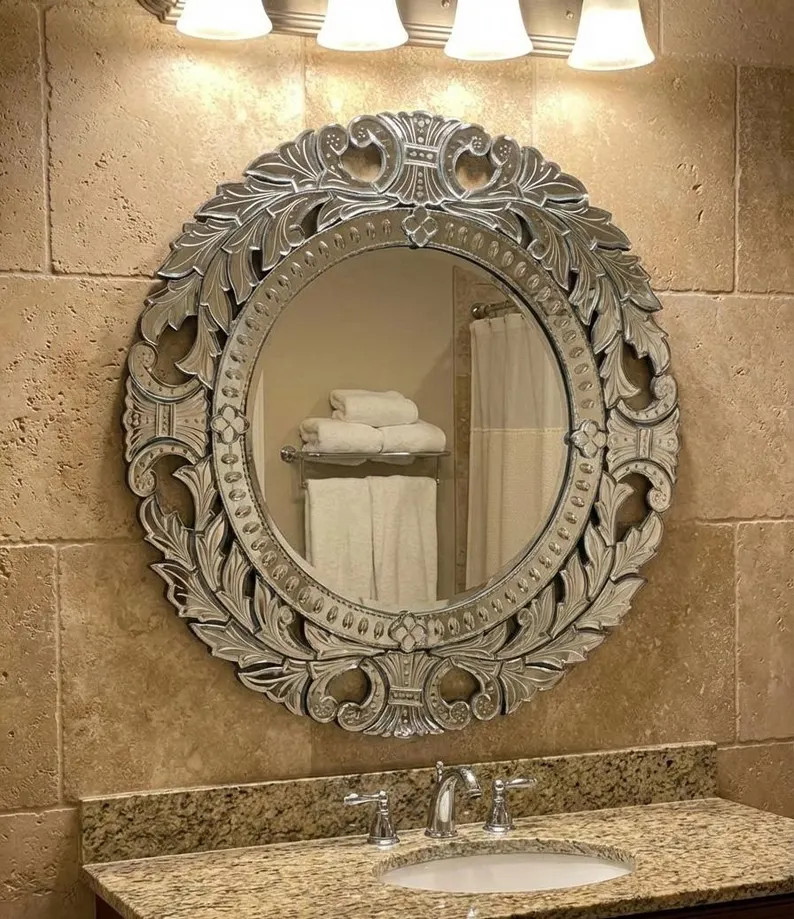 Handmade Venetian Wall Mirror - Antique Silver Ornate Round Mirror, 26" - Etsy | Etsy (Global)
