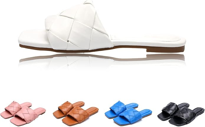 Tptoes Braided Sandals for Women Flat Nude Sandals Square Open Toe Slide Slip On Slippers Backles... | Amazon (US)
