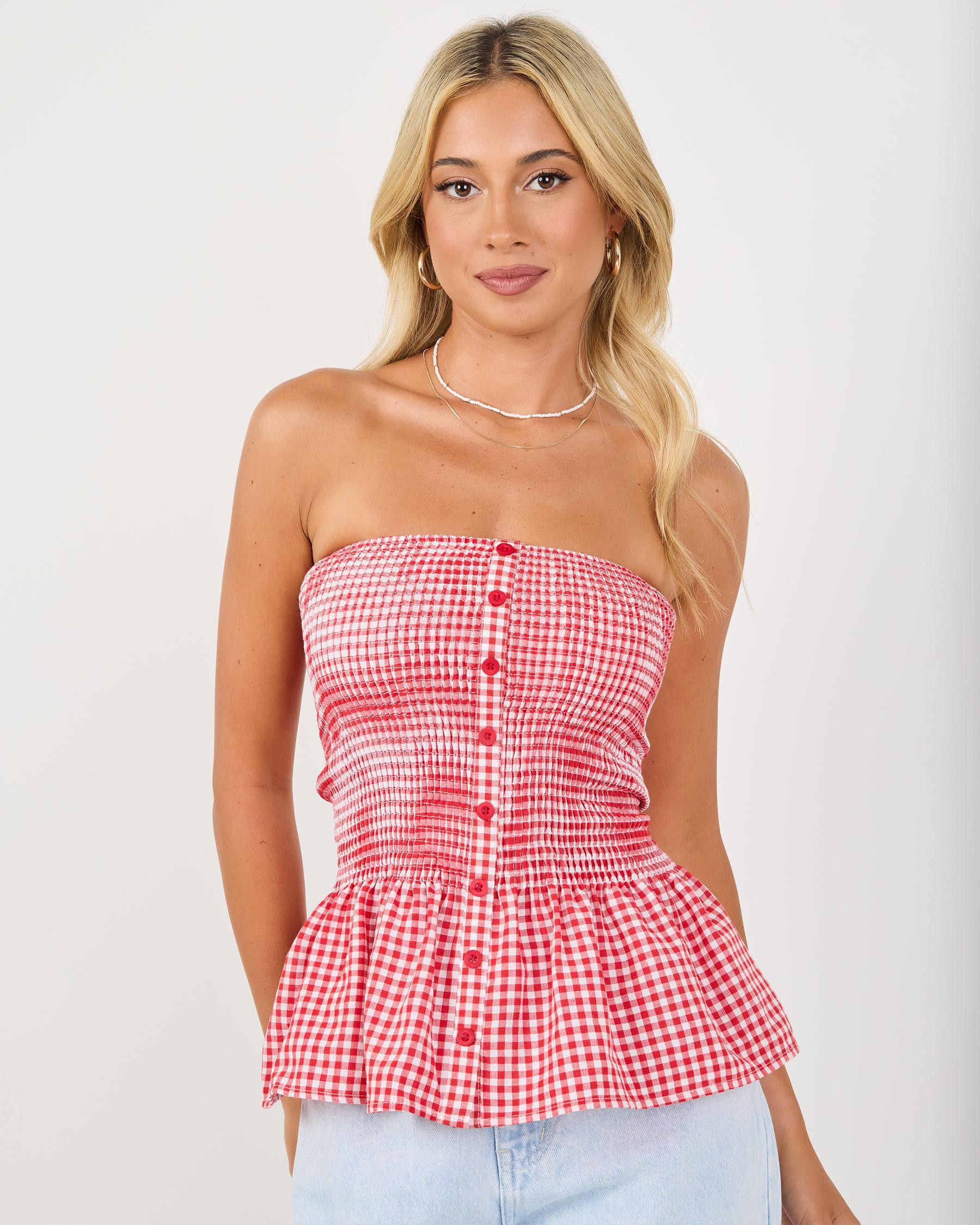 Mooloola Women's Annie Peplum Tube Top in Red Gingham Size 10 | City Beach (US)