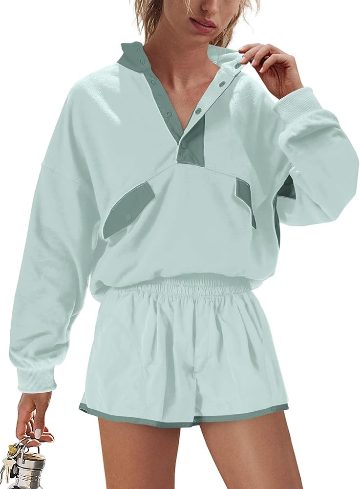 LAMISSCHE Work out Sets Gym for Women Sweatsuits 2 Piece Set Long Sleeve Top & Shorts Active Wear... | Amazon (US)