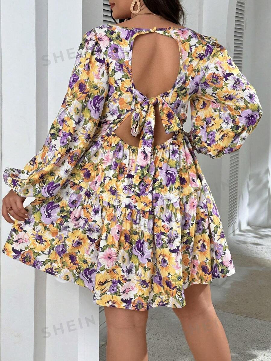 SHEIN VCAY Plus Size Women Vacation Style All-Over Floral Printed Backless Tie-Up Lantern Sleeve ... | SHEIN