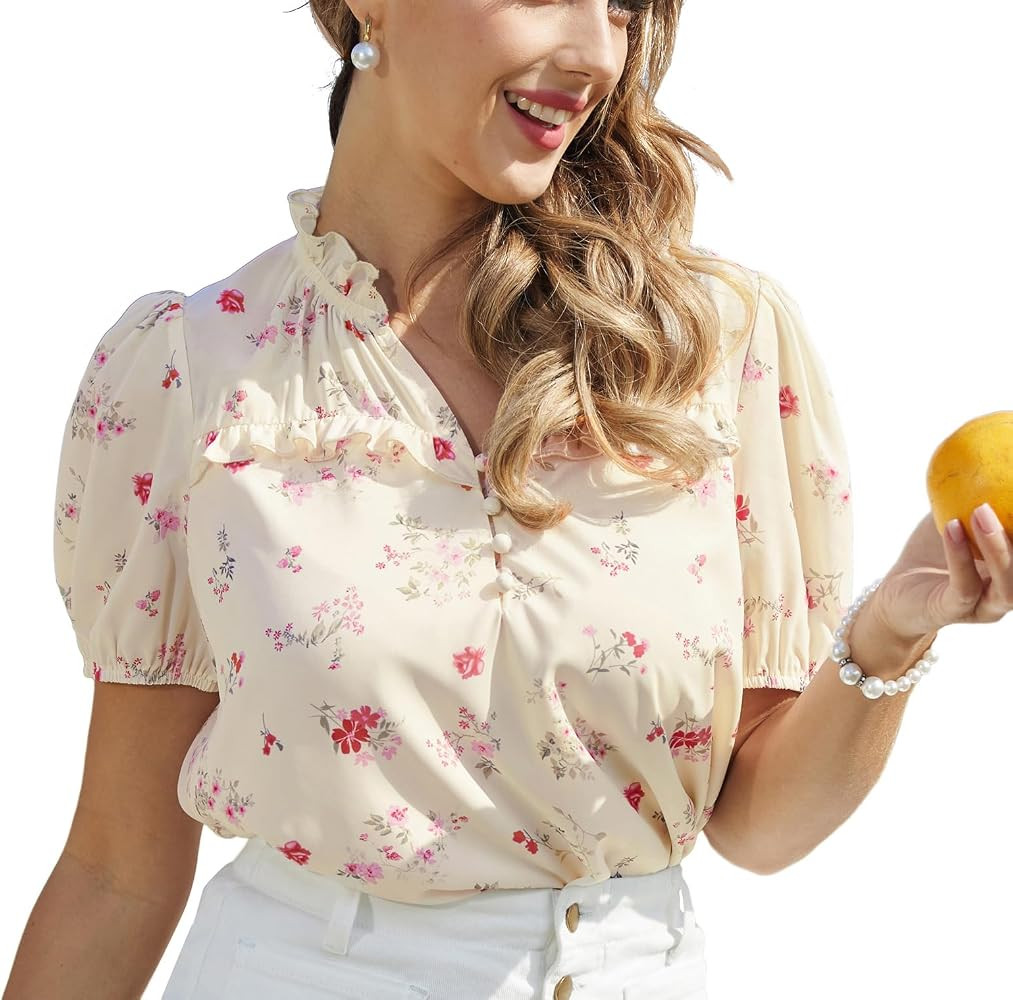 Belle Poque Women Floral Printed Blouse Vintage V Neck Ruffle Short Sleeve T Shirts | Amazon (UK)