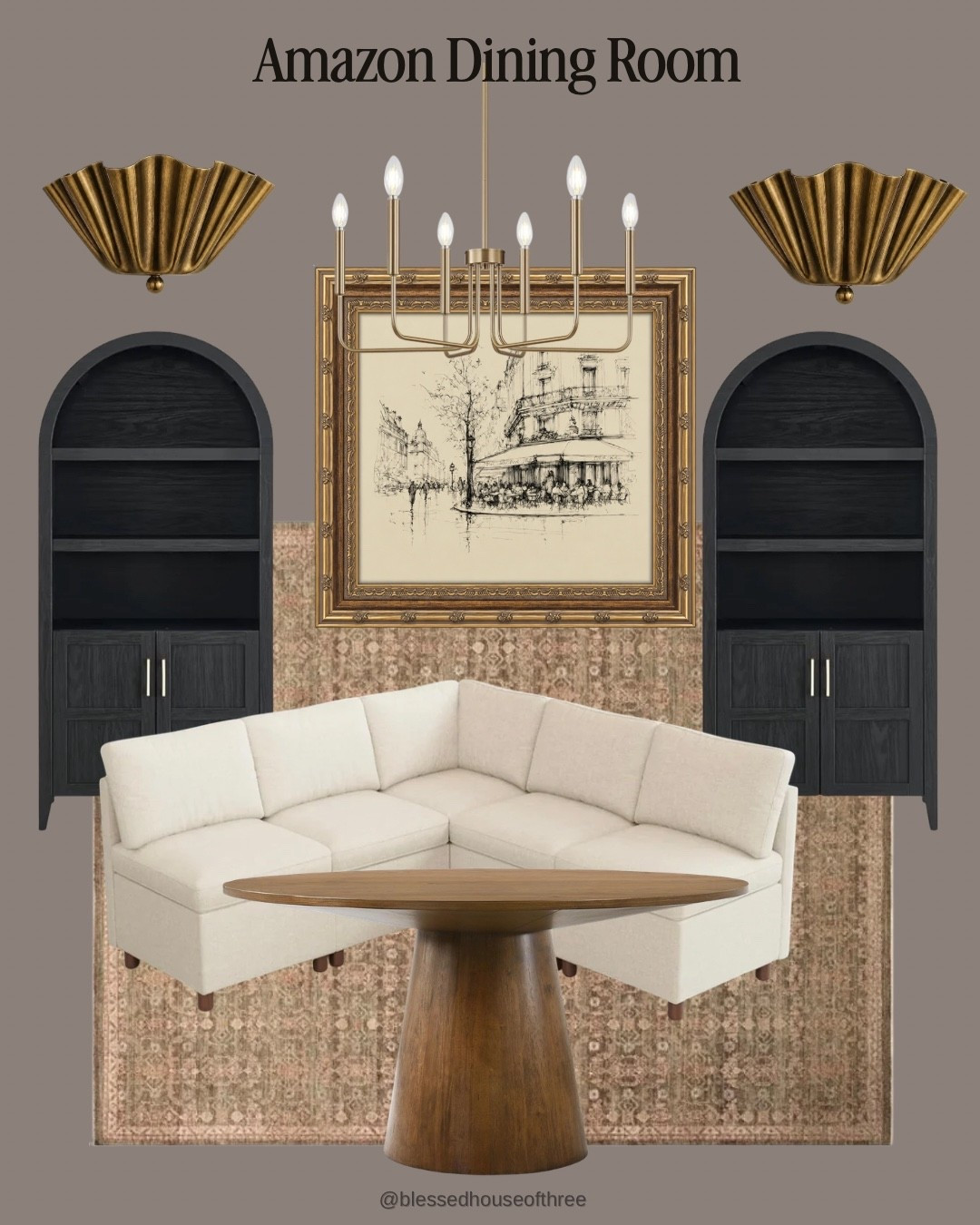 Amazon dining room finds that make it easy to create a warm, elevated dining space without shopping all over the place. I pulled together an Amazon dining room with a warm wood pedestal dining table, creamy upholstered banquette seating, black arched cabinets, vintage-inspired area rug, antique brass wall sconces, statement chandelier and framed neutral wall art. I love the mix of warm wood, black accents, soft neutral upholstery and aged brass for that modern traditional, collected look that feels cozy but still elevated. These Amazon home finds would work beautifully for a dining room refresh, breakfast nook, eat-in kitchen or cozy dining nook.

#LTKHome #LTKSeasonal #LTKSaleAlert